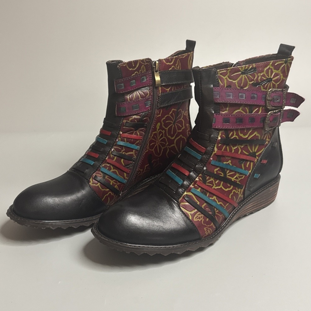 Spring Step L'Artiste Floral Leather Dasha Boho Boots Women's Size 10 EU 41
